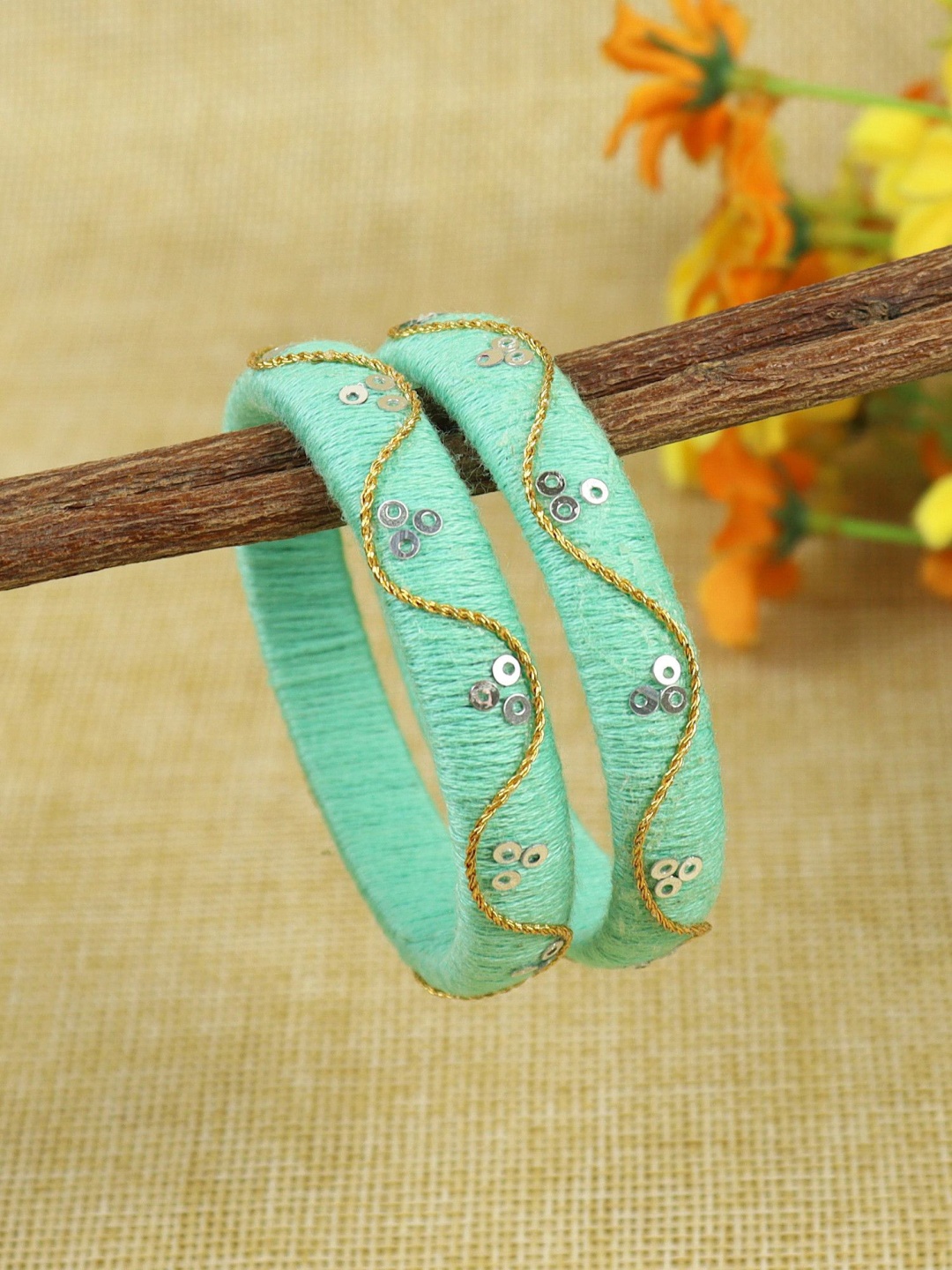 

Asthetika Kids Set Of 2 Taara With Golden Thread Bangles, Green