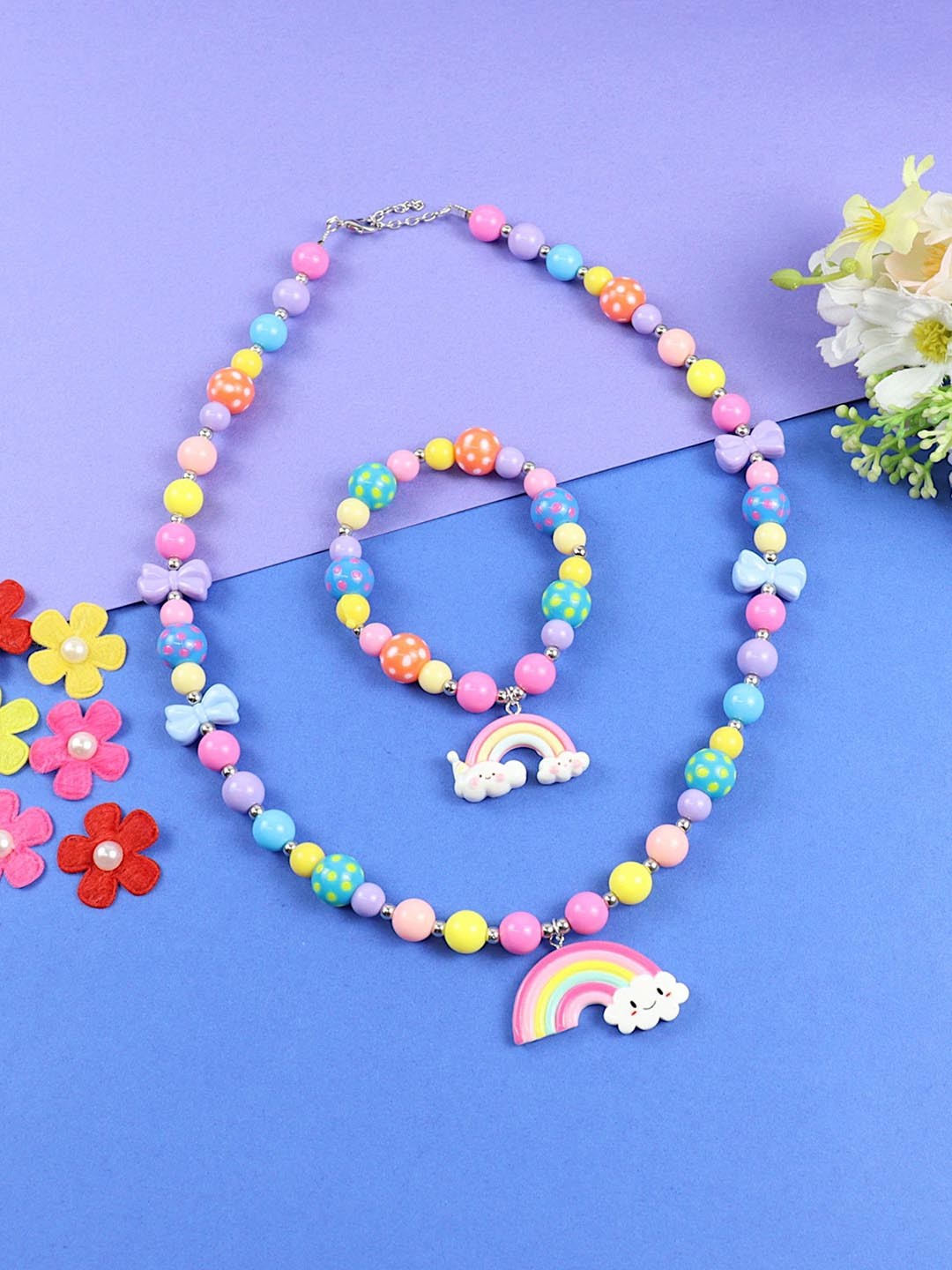 

Asthetika Kids Girls Artificial Beaded Rainbow Charm Necklace & Bracelet, Purple