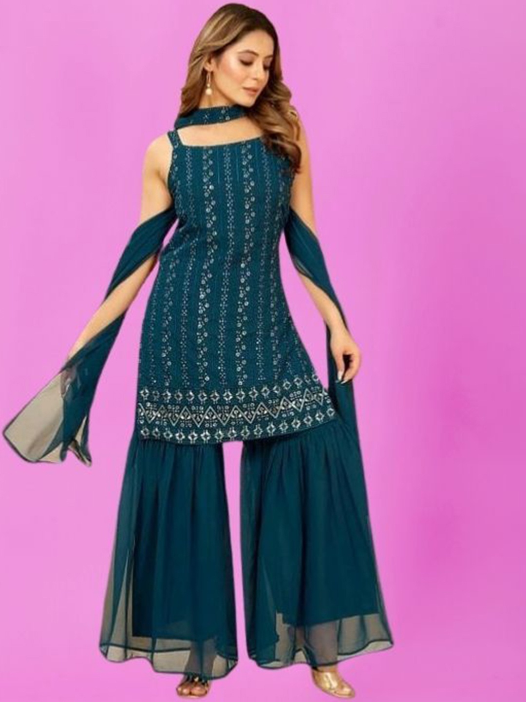 

PARROT CREATION Floral Embroidered Sequinned Georgette Kurti With Sharara And Dupatta, Turquoise blue