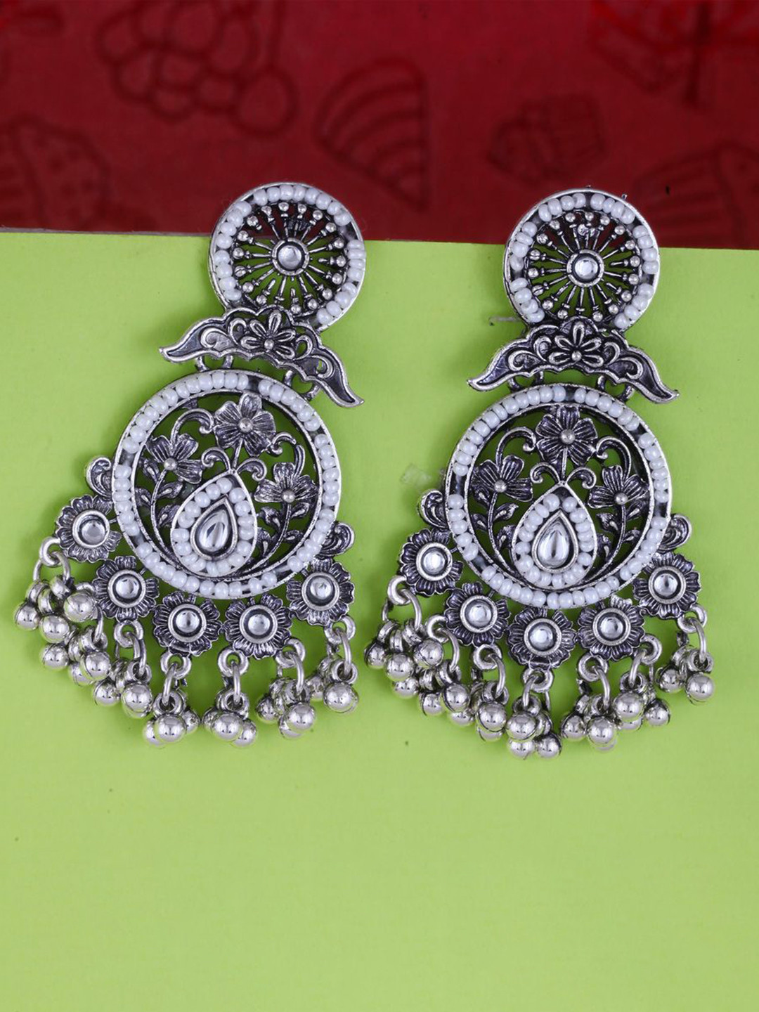 

DIVASTRI Silver-Plated Pearl Beaded Circular Shaped Oxidised Chandbalis