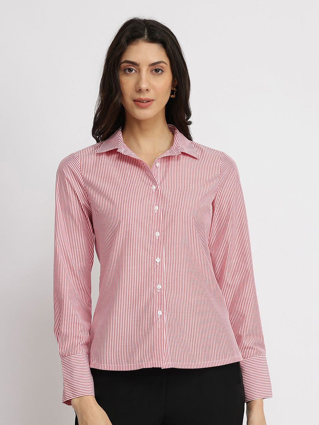 

FableStreet Women Comfort Slim Fit Opaque Striped Formal Shirt, Red