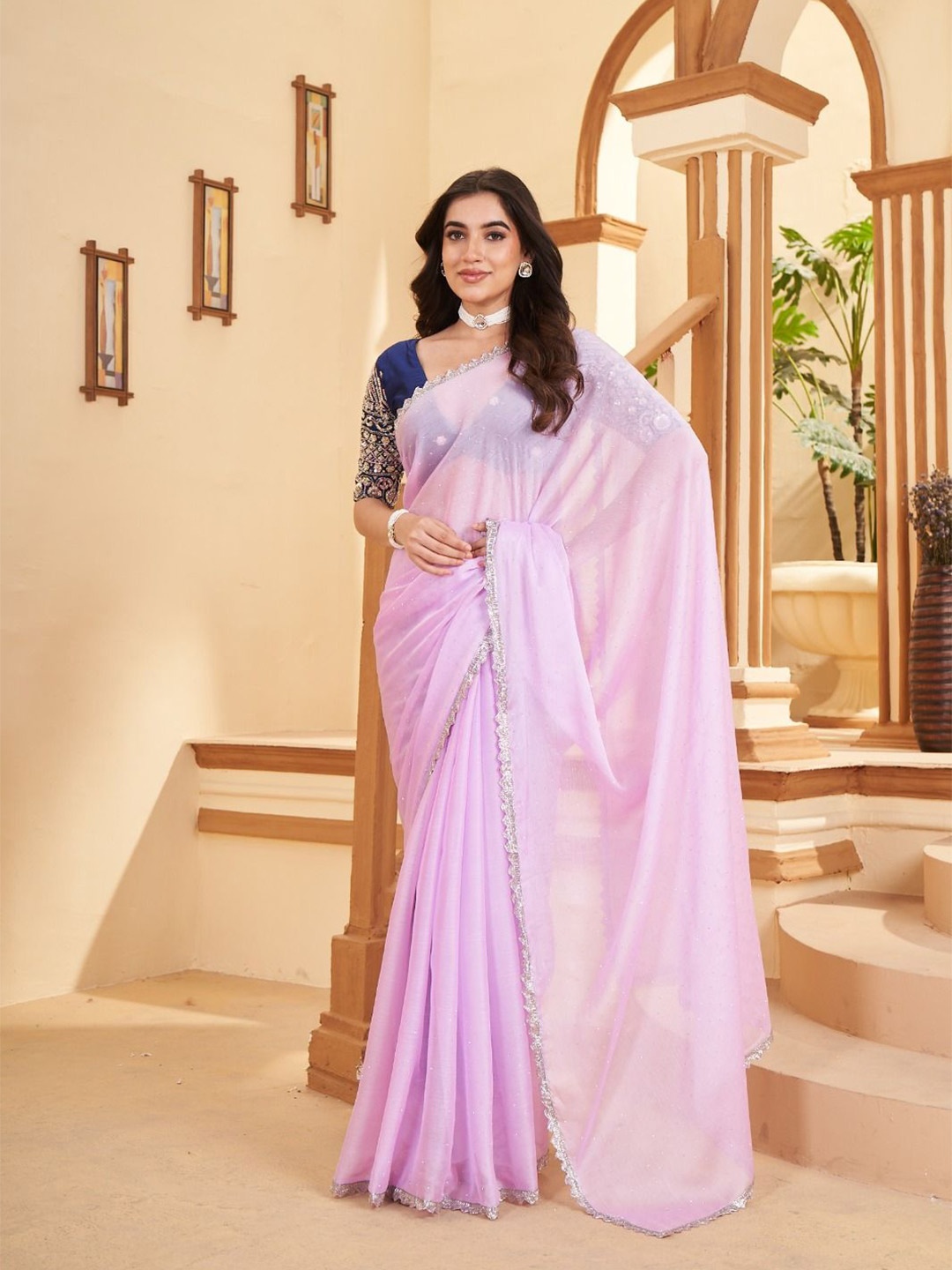 

Sangria Embroidered Saree With Blouse, Lavender