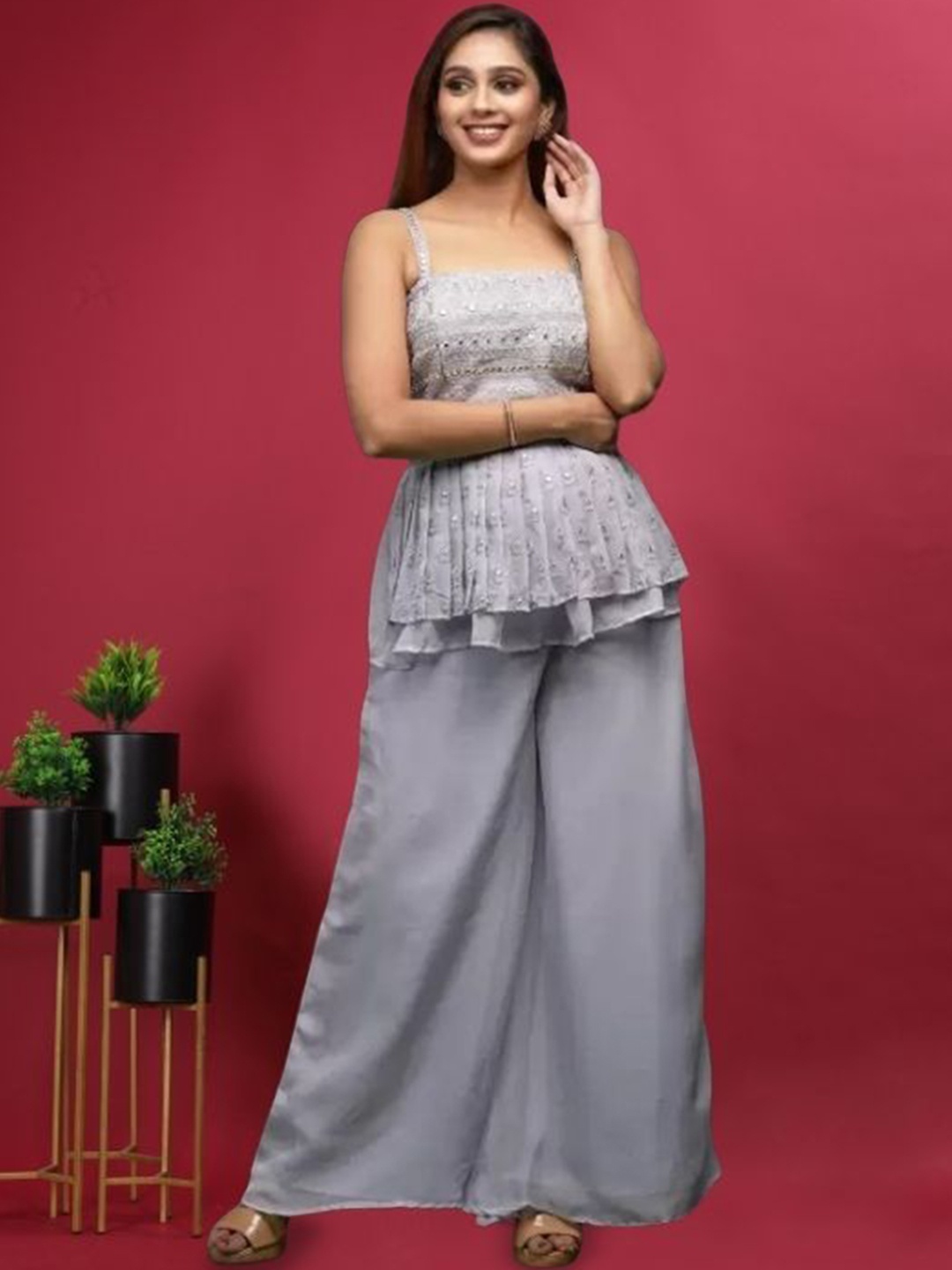 

PARROT CREATION Floral Embroidered Sequinned Georgette Kurti With Palazzos And Dupatta, Grey
