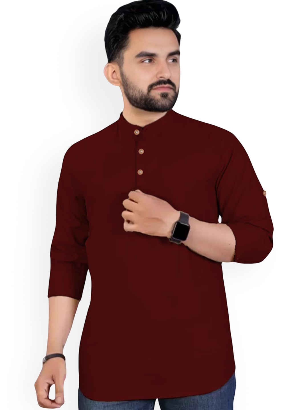 

Vida Loca Band Collar Pure Cotton Straight Short Kurta, Maroon