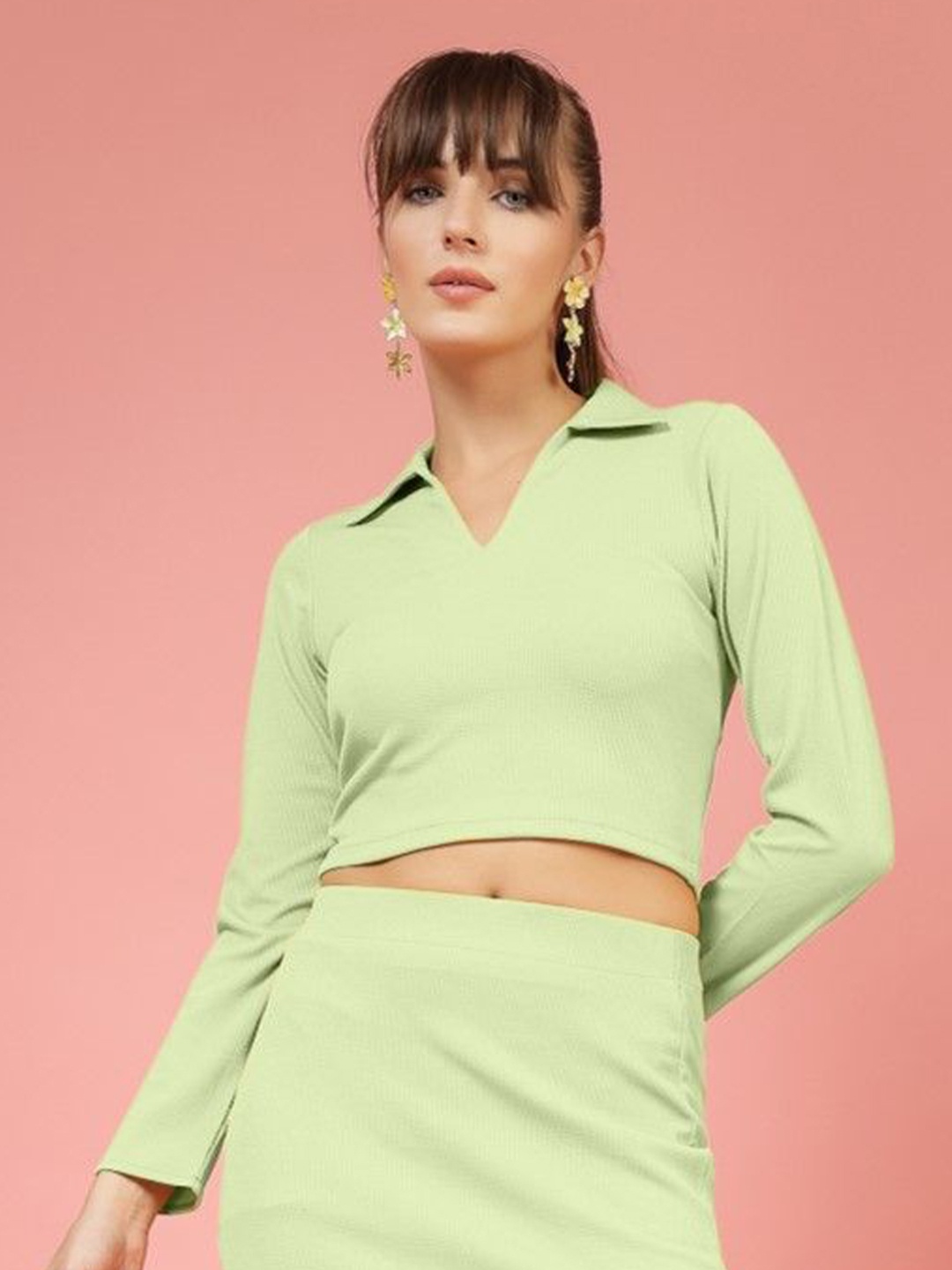 

DressBerry Women Shirt Collar Ribbed Fitted Crop Top, Green