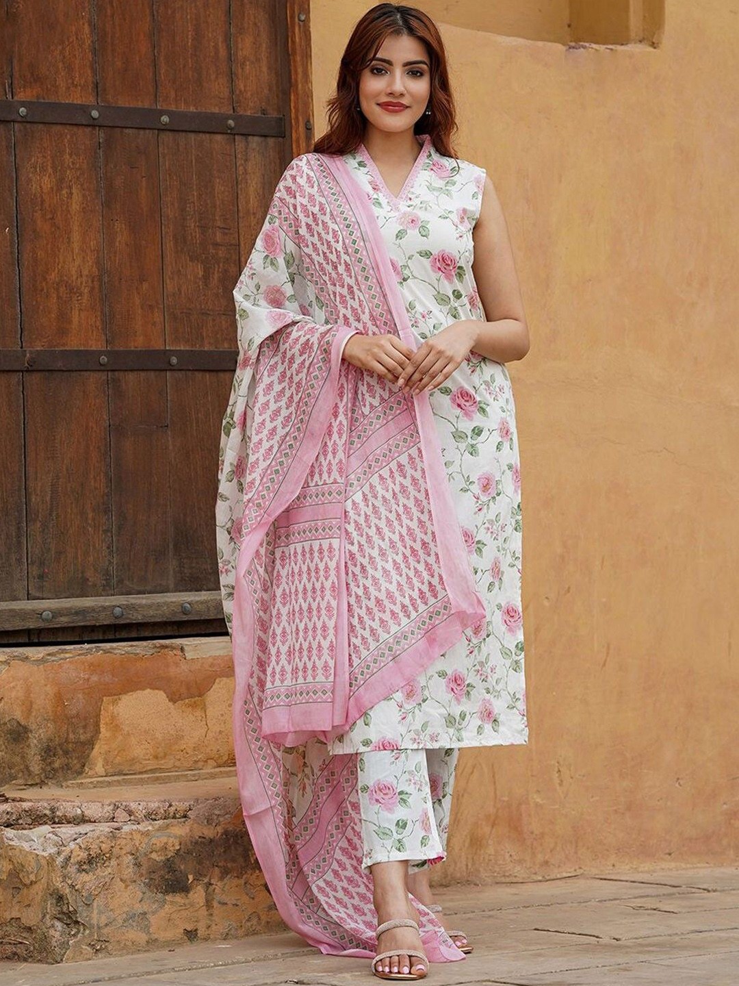 

Ethnic Yard Floral Printed V-Neck Straight Kurta With Trouser And Dupatta, White