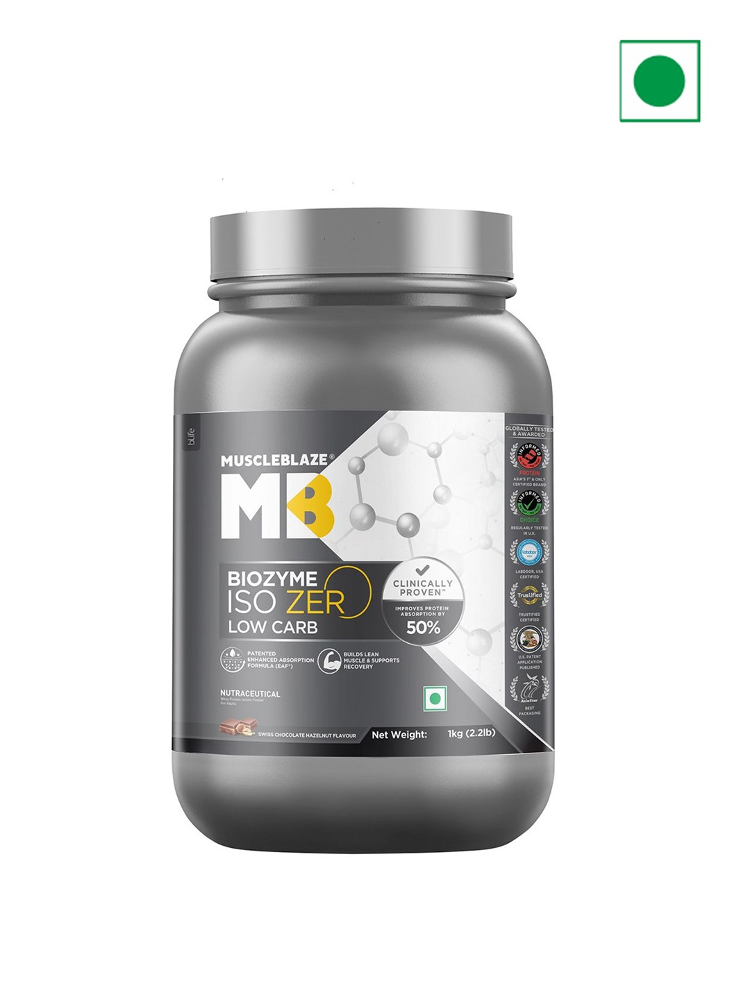 

MuscleBlaze Biozyme Iso-Zero,26.4g Isolate Whey Protein - 1 Kg - Swiss Chocolate Hazelnut, Grey