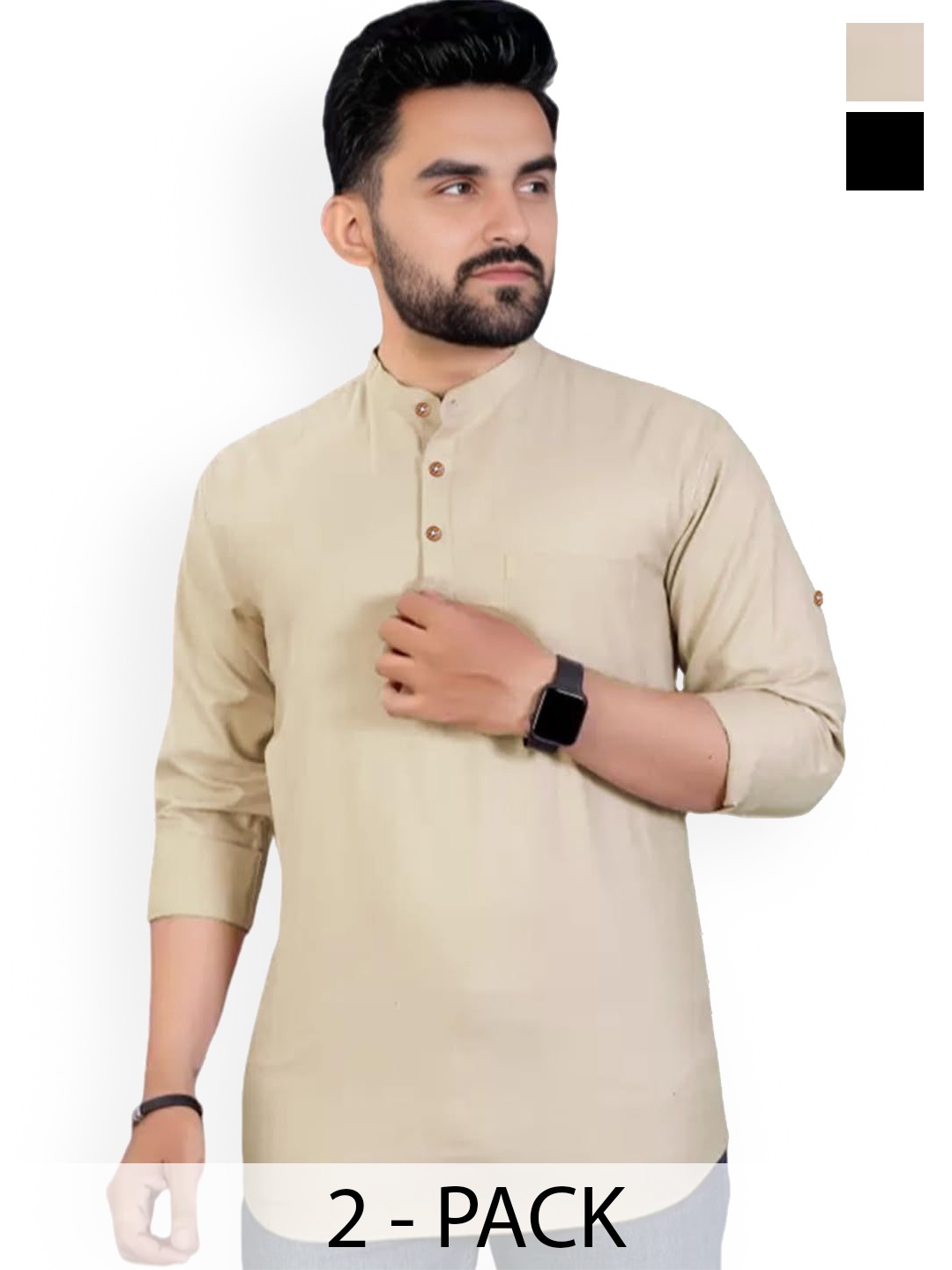

Vida Loca Selection Of 2 Band Collar Pure Cotton Straight Short Kurtas, Beige