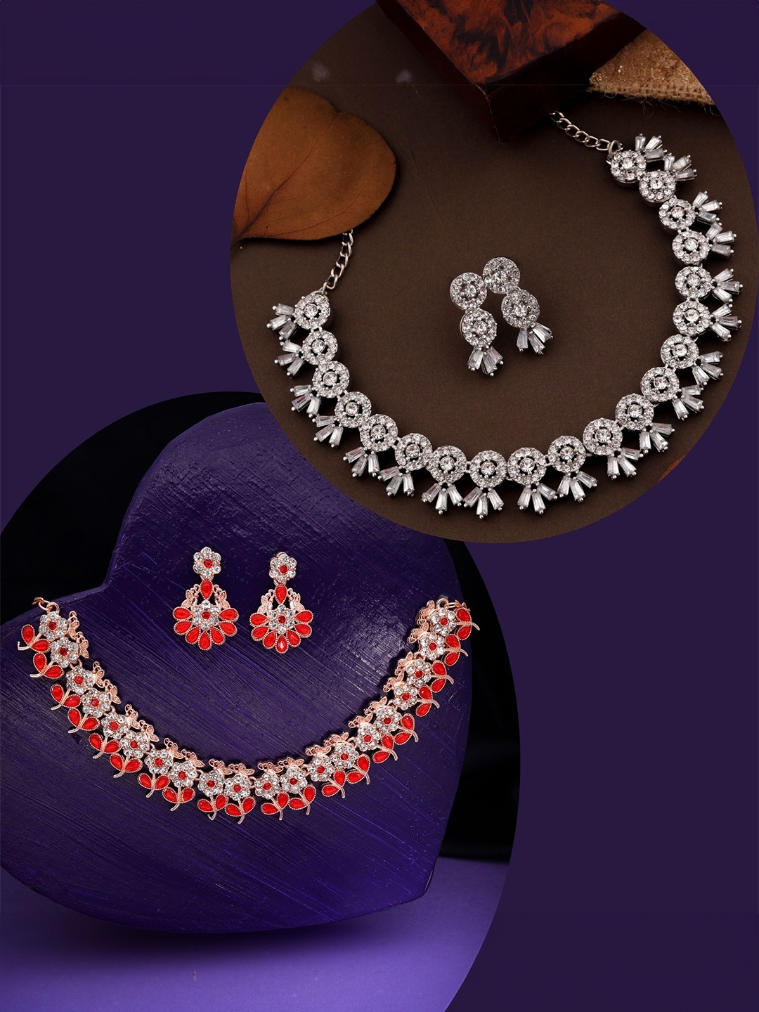 

DIVASTRI Set Of 2 Silver-Plated American Diamond Stone Studded Jewellery Set