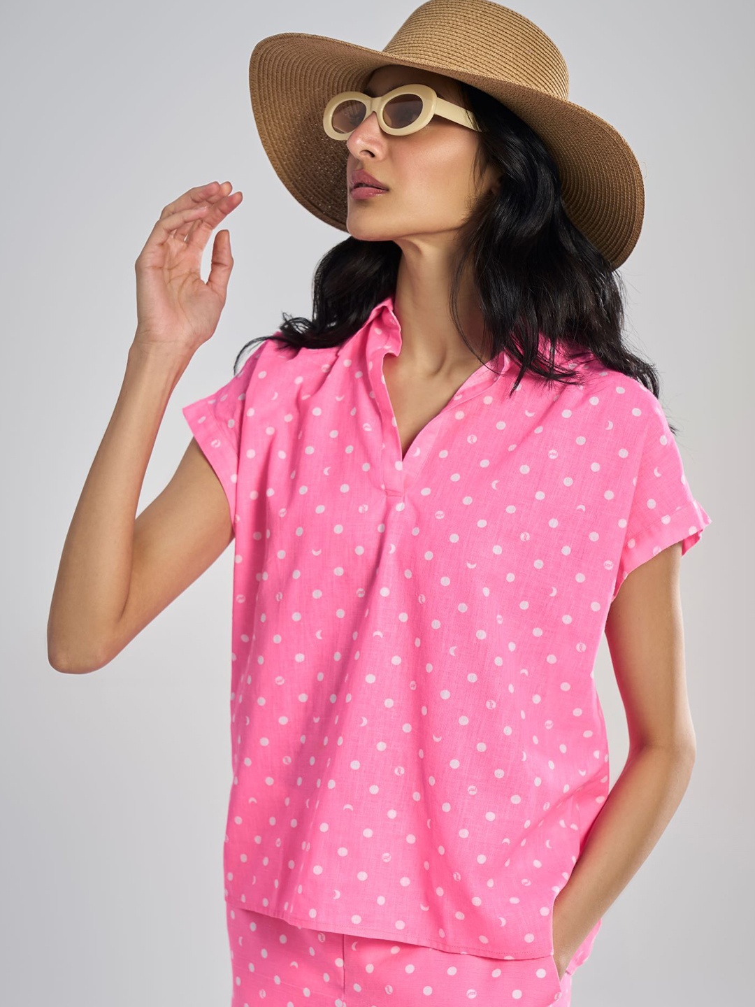 

Terra Luna Polka Dot Print Mandarin Collar Extended Sleeves Cotton Shirt Style Top, Multi