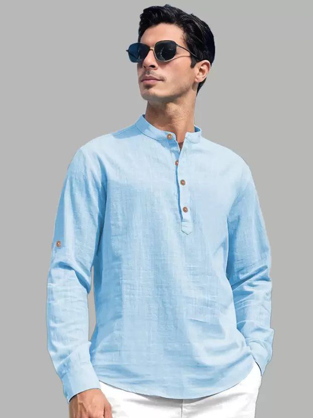 

LIFE ROADS Band Collar Collar Roll-Up Sleeves Pure Cotton Short Kurta, Blue