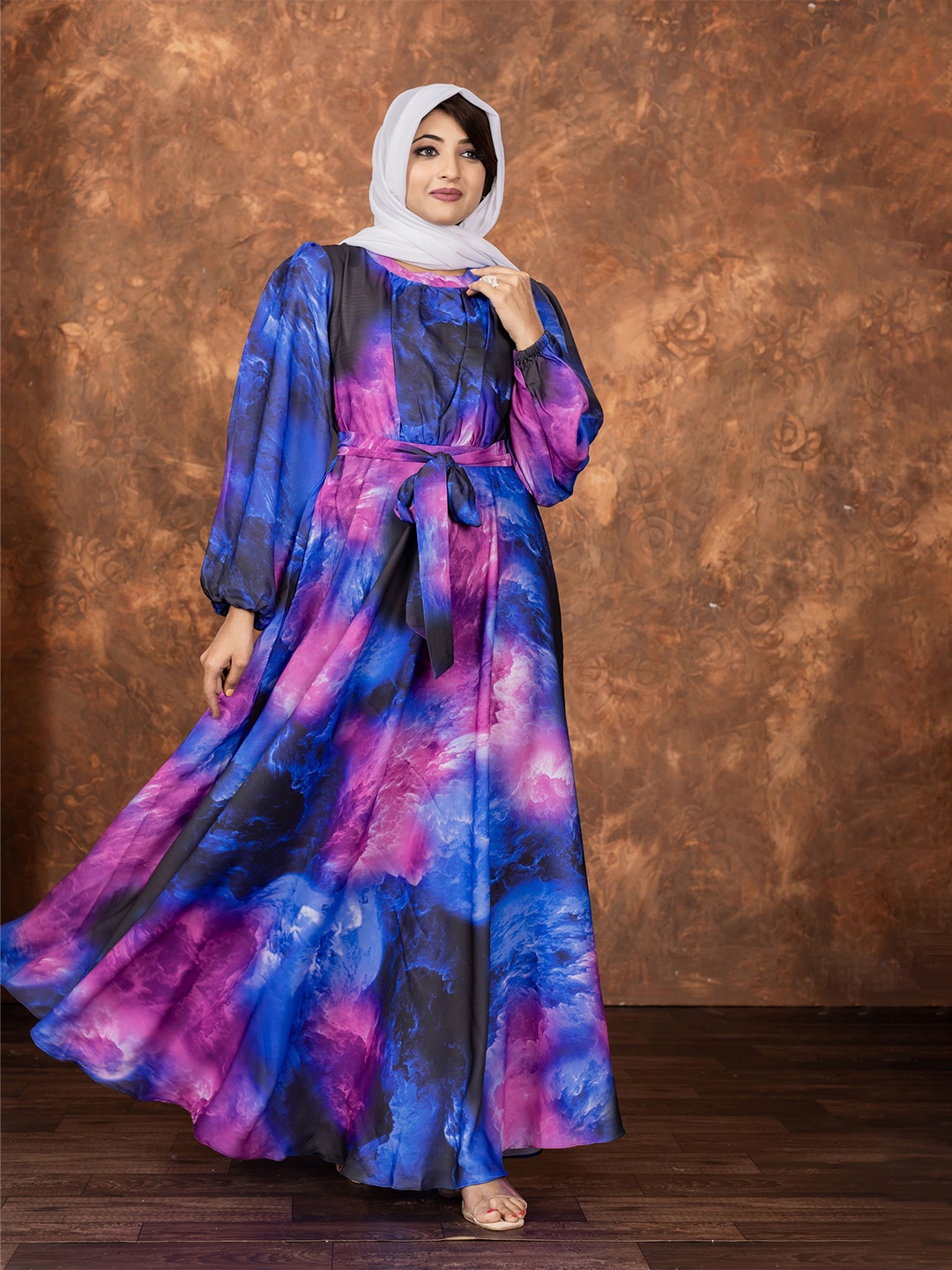 

SARINKU Tie and Dye Print Satin Formal Fit & Flare Maxi Dress, Blue