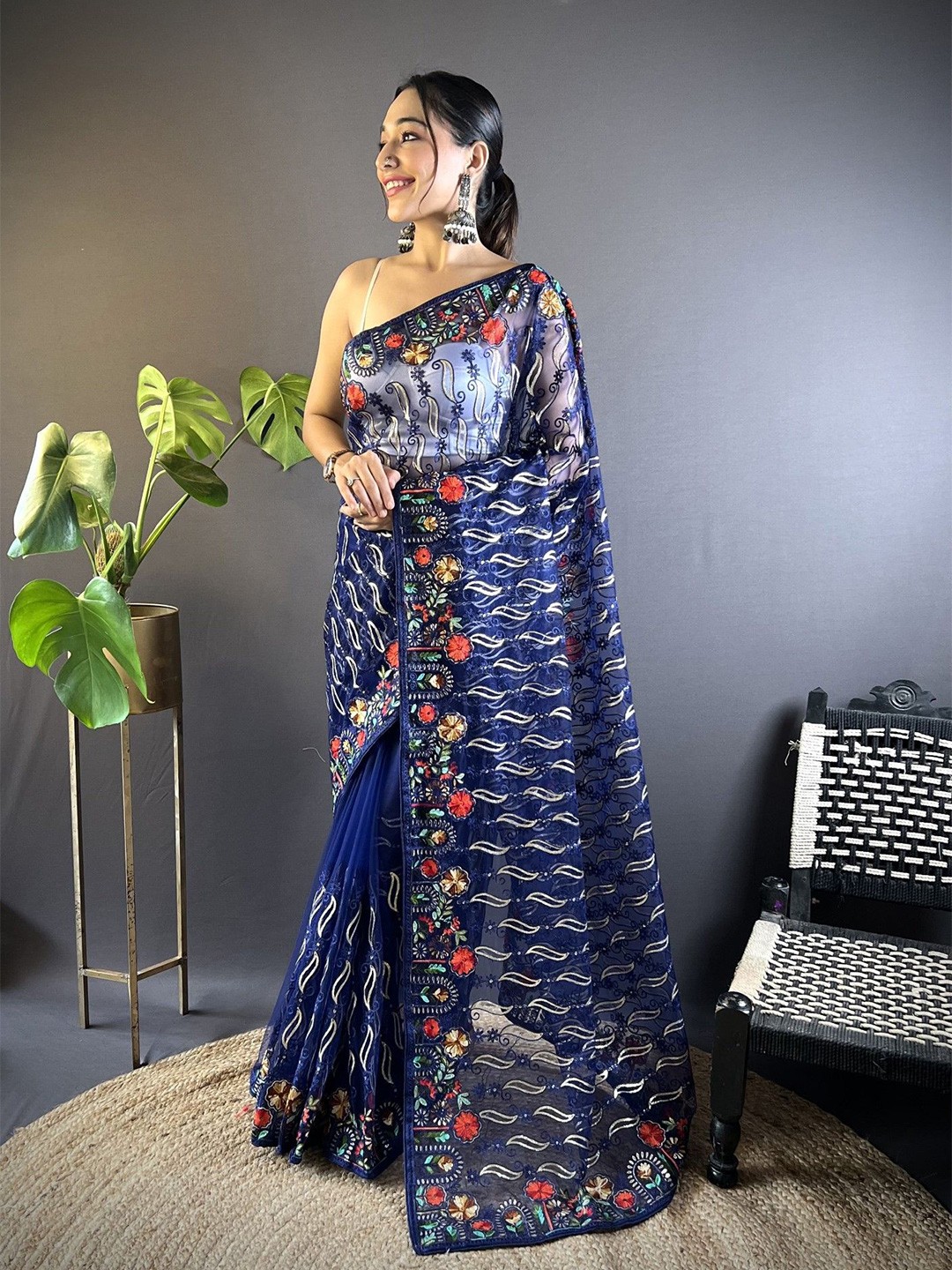 

Mitera Embellished Embroidered Net Saree, Blue