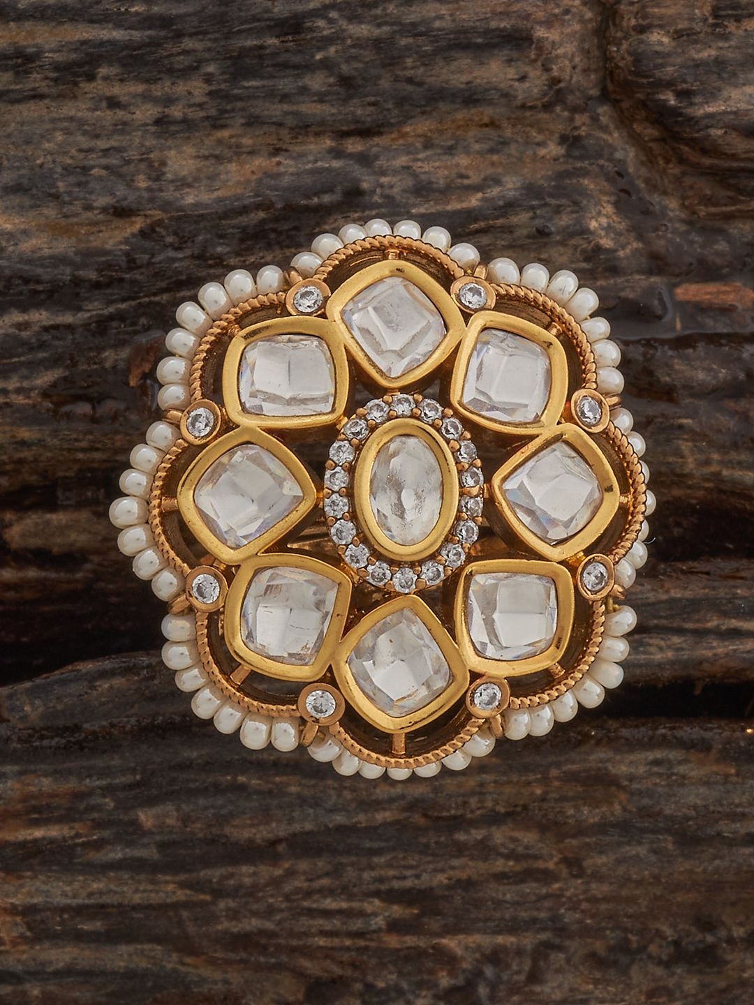 

Kushal's Fashion Jewellery White Victorian-Plated Ethnic Kundan Finger Ring, Gold