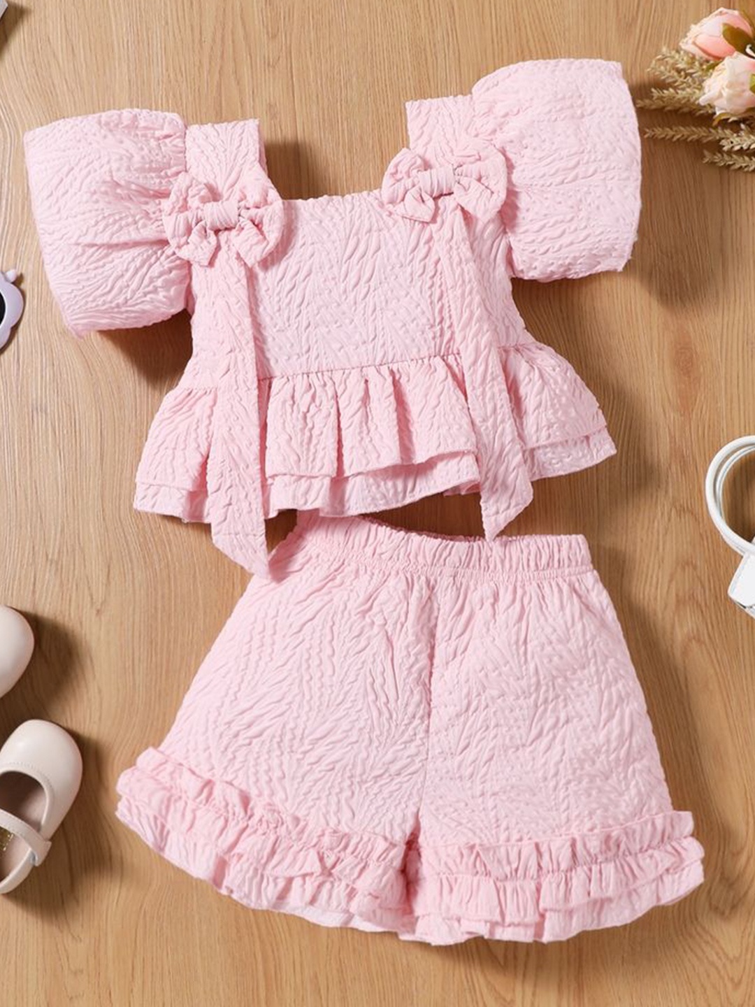 

LULU & SKY Girls Self Design Square Neck Top With Shorts, Pink