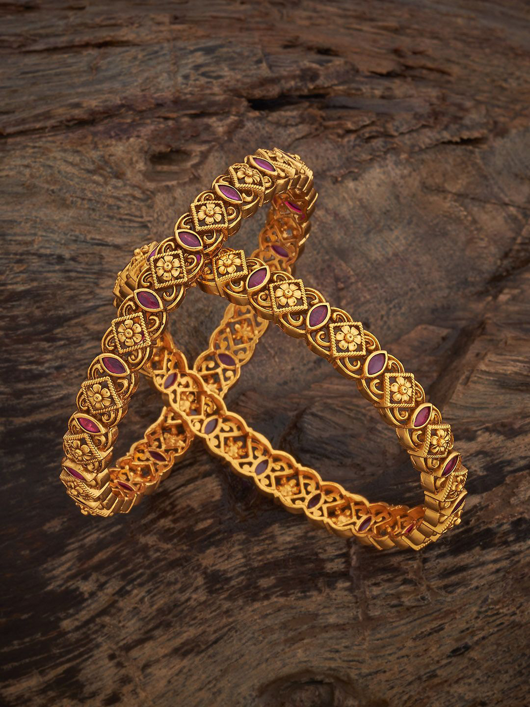 

Kushal's Fashion Jewellery Set Of 2 Ruby Gold-Plated Ethnic Antique Bangles