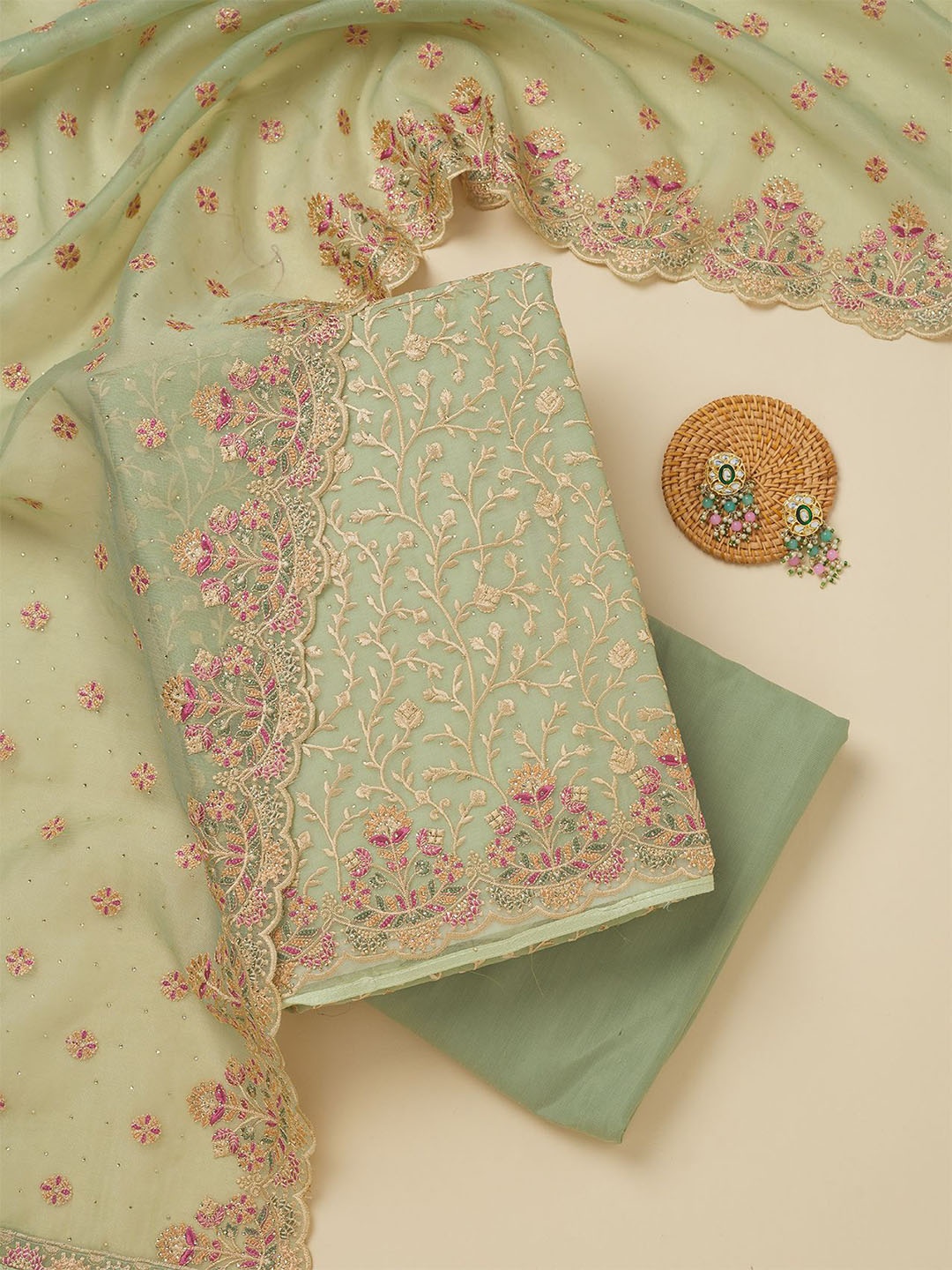 

Koskii Floral Embroidered Beads and Stones Organza Unstitched Dress Material, Green