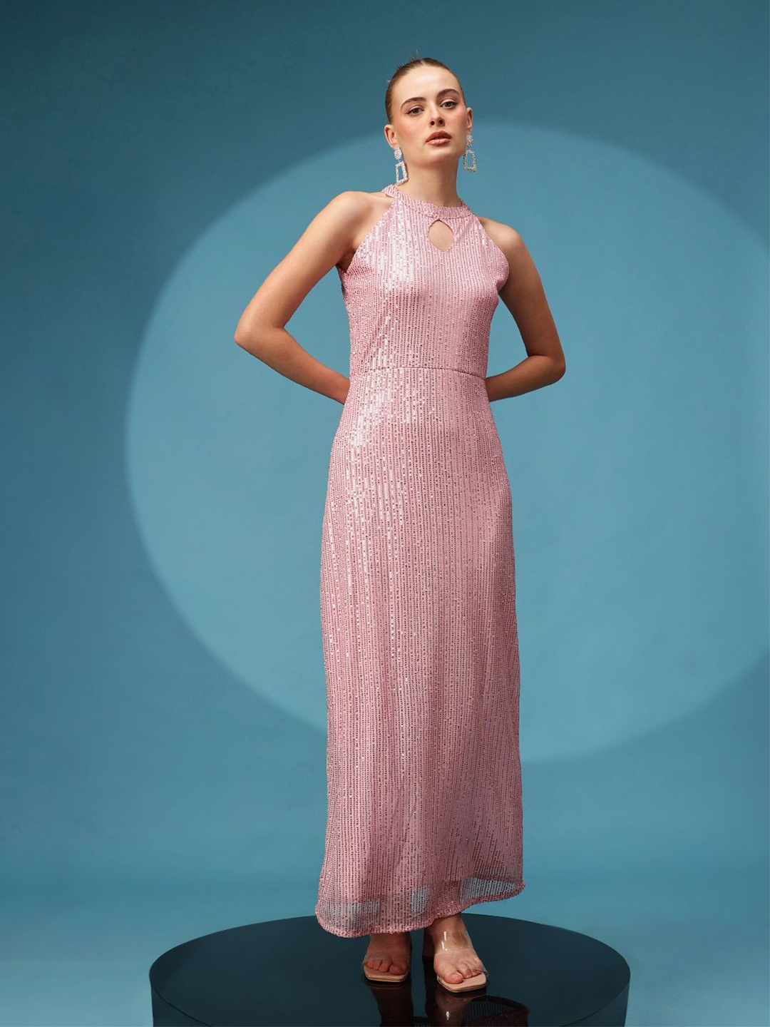 

The Roadster Lifestyle Co Women Sequined Embellished Sleeveless Keyhole Neck Maxi Dress, Pink