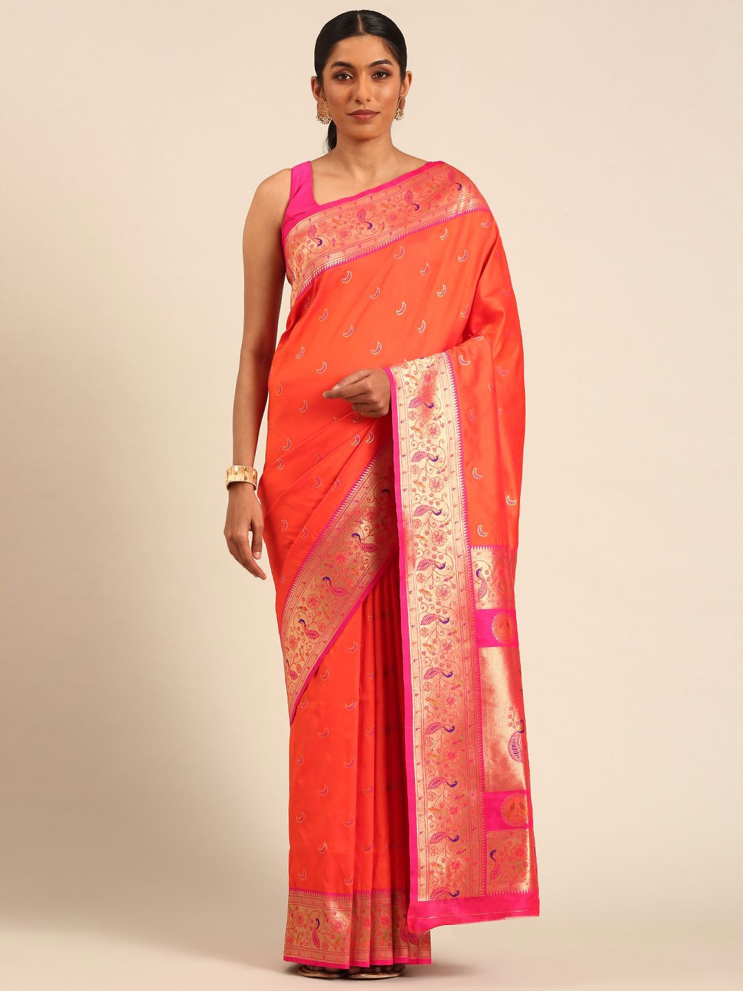 

DIVASTRI Woven Design Zari Silk Blend Paithani Saree, Orange