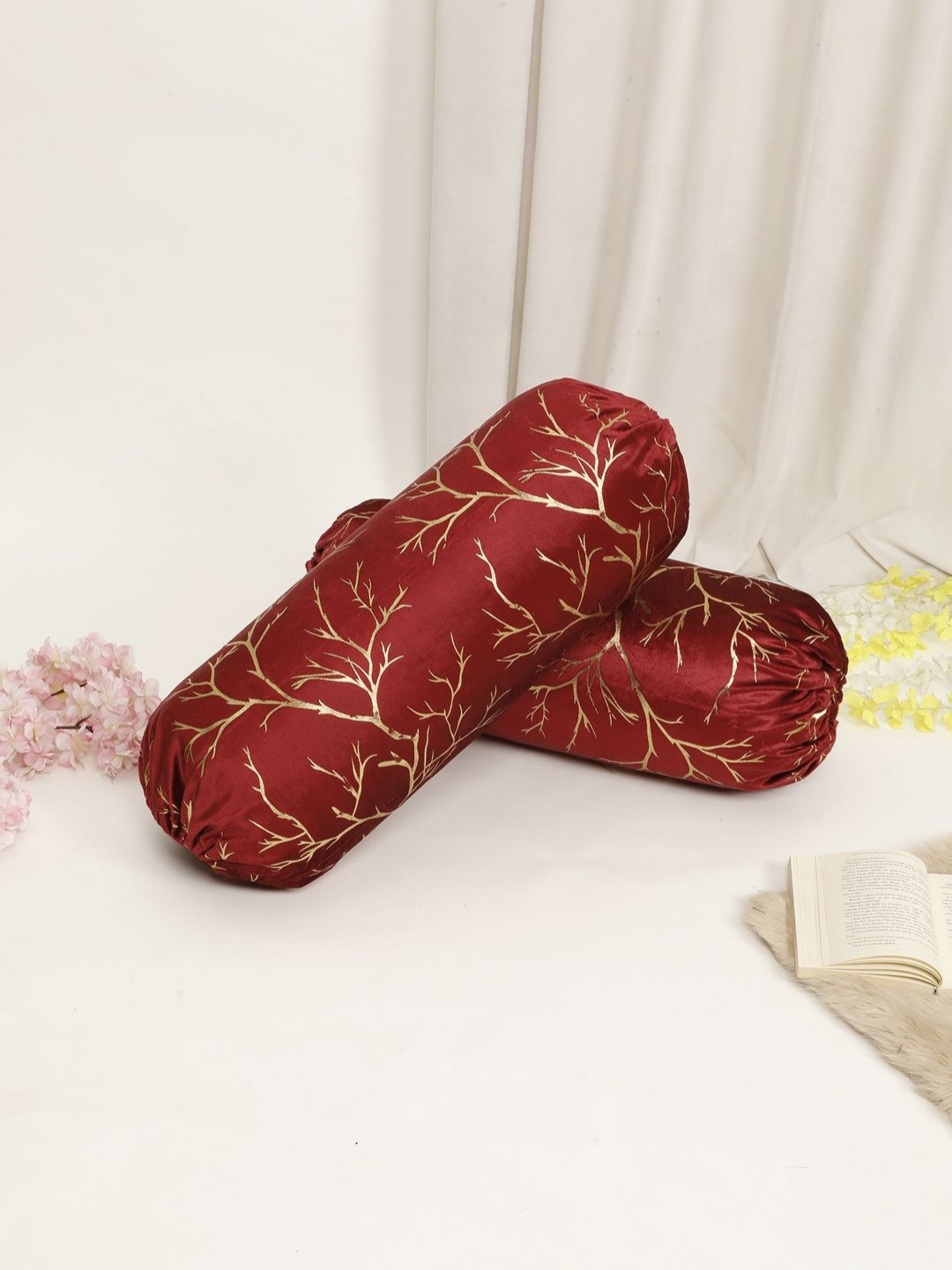 

THE CONVERSION Maroon 2 Pieces Self Design Printed Velvet Foil Work Bolster Covers