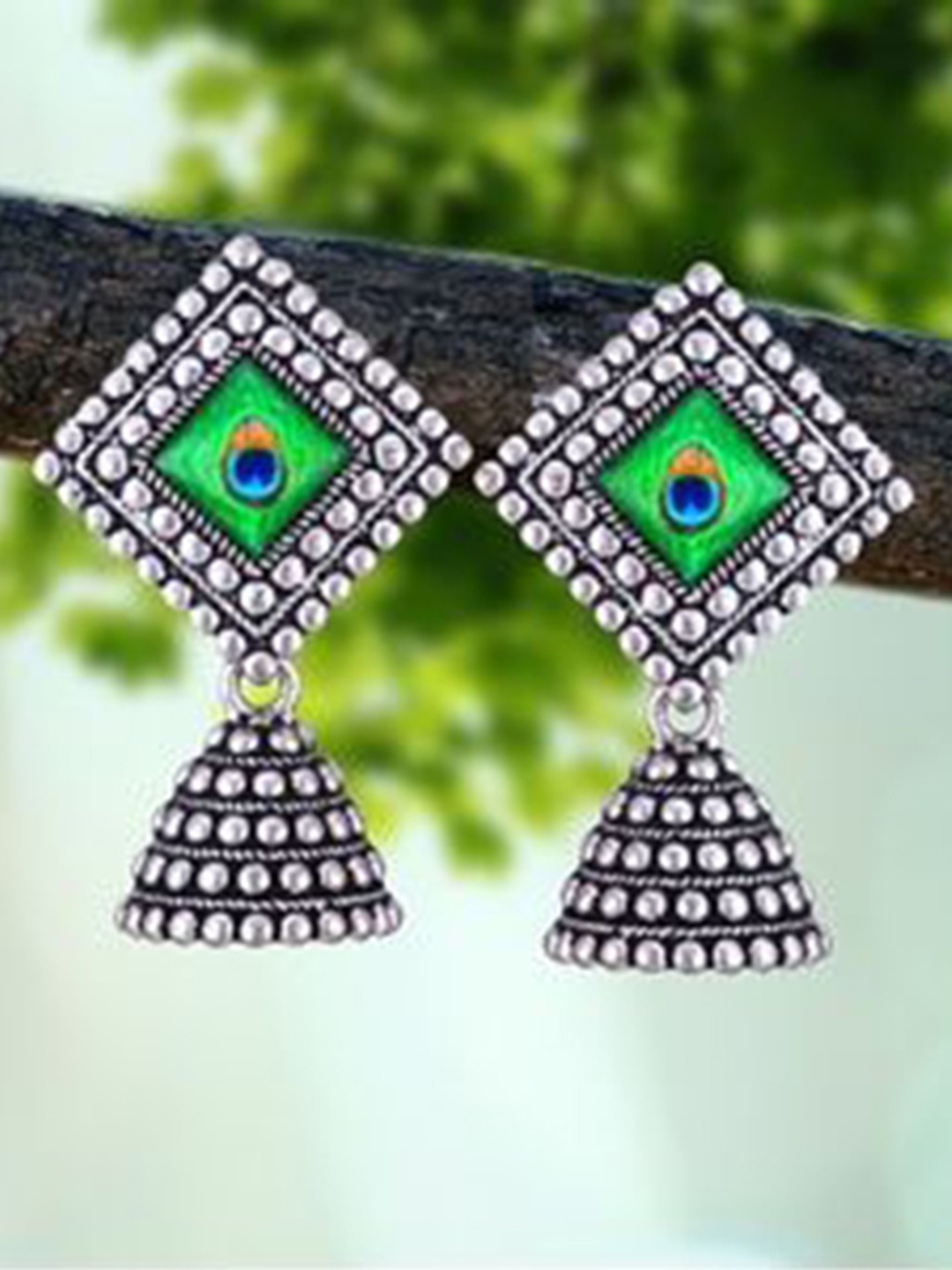 

DIVASTRI Peacock Shaped Jhumkas Earrings, Silver