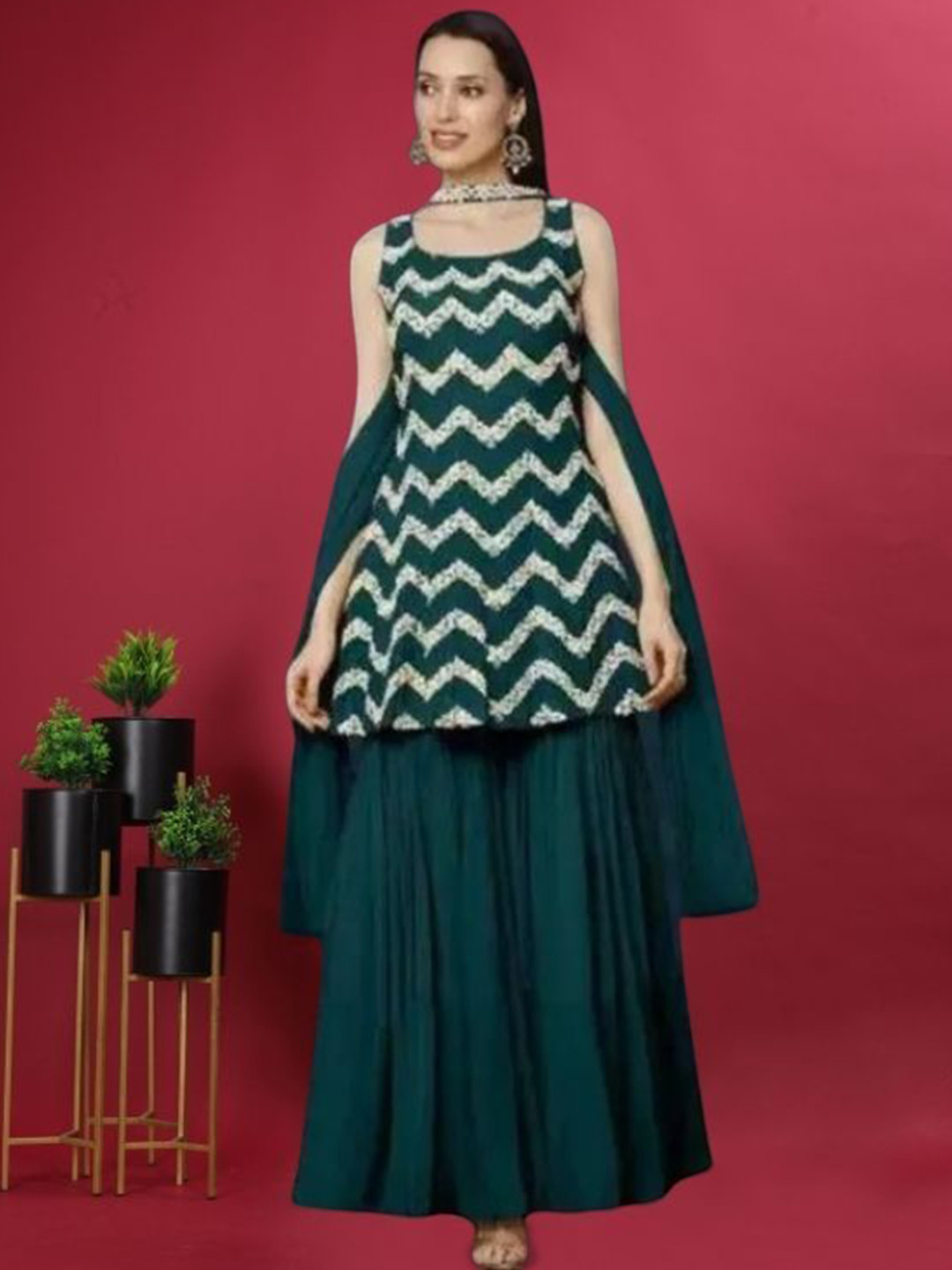 

PARROT CREATION Floral Embroidered Sequinned Georgette Kurti With Sharara And Dupatta, Turquoise blue