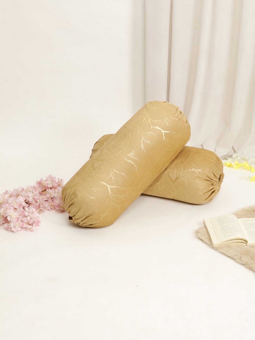 

THE CONVERSION Beige 2 Pieces Self Design Printed Velvet Foil Work Bolster Covers