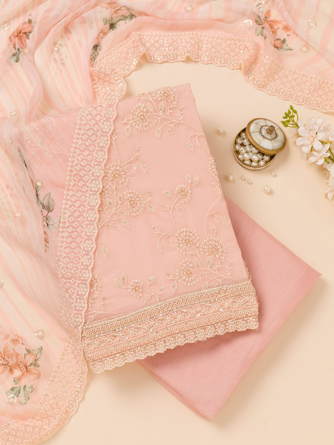 

Koskii Floral Embroidered Unstitched Dress Material, Pink