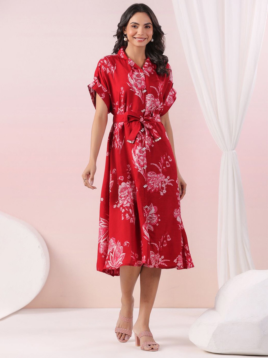 

JISORA Women's Red Printed Russian Silk Dress