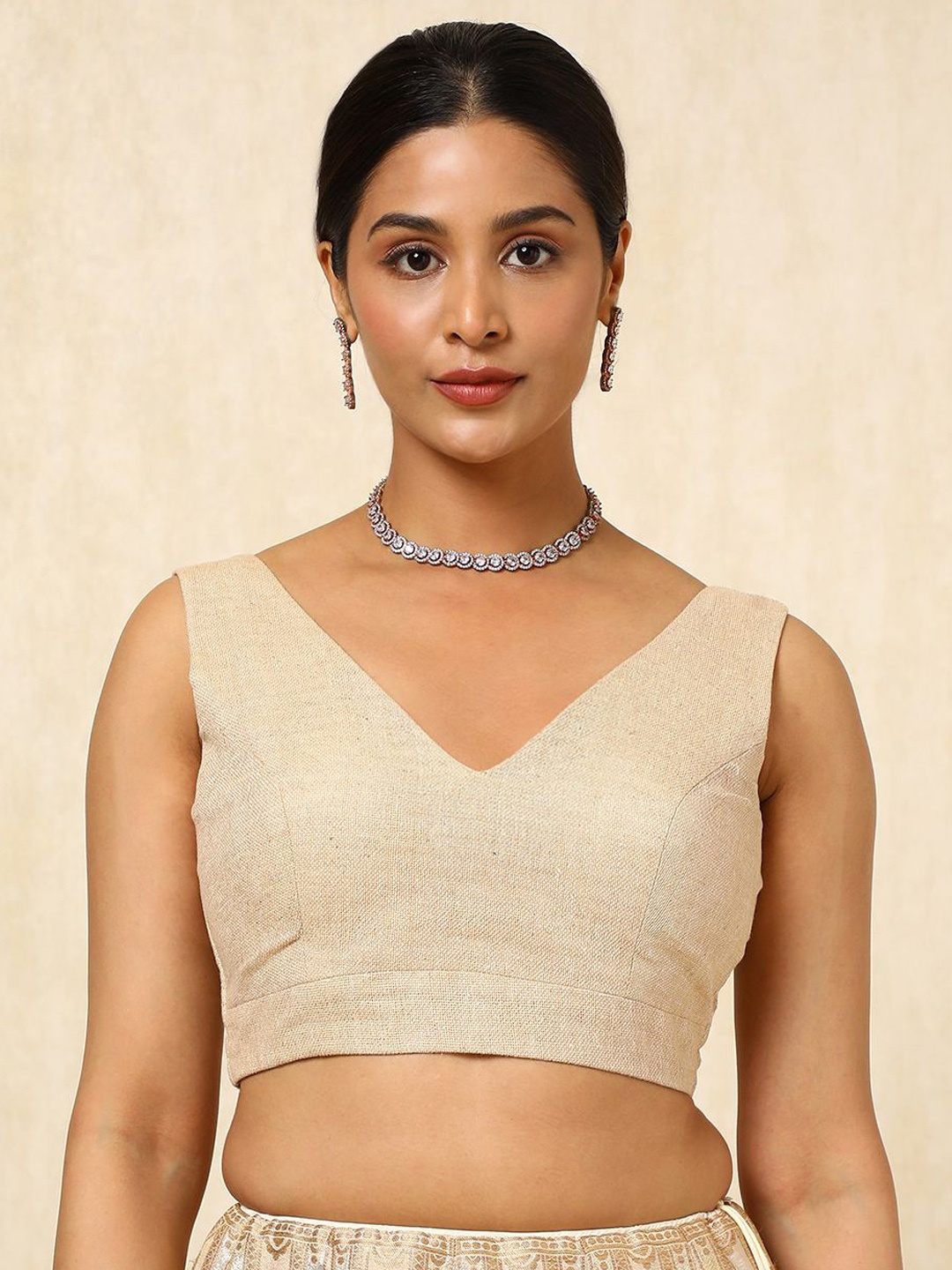 

Soch Woven Design V Neck Saree Blouse, Beige