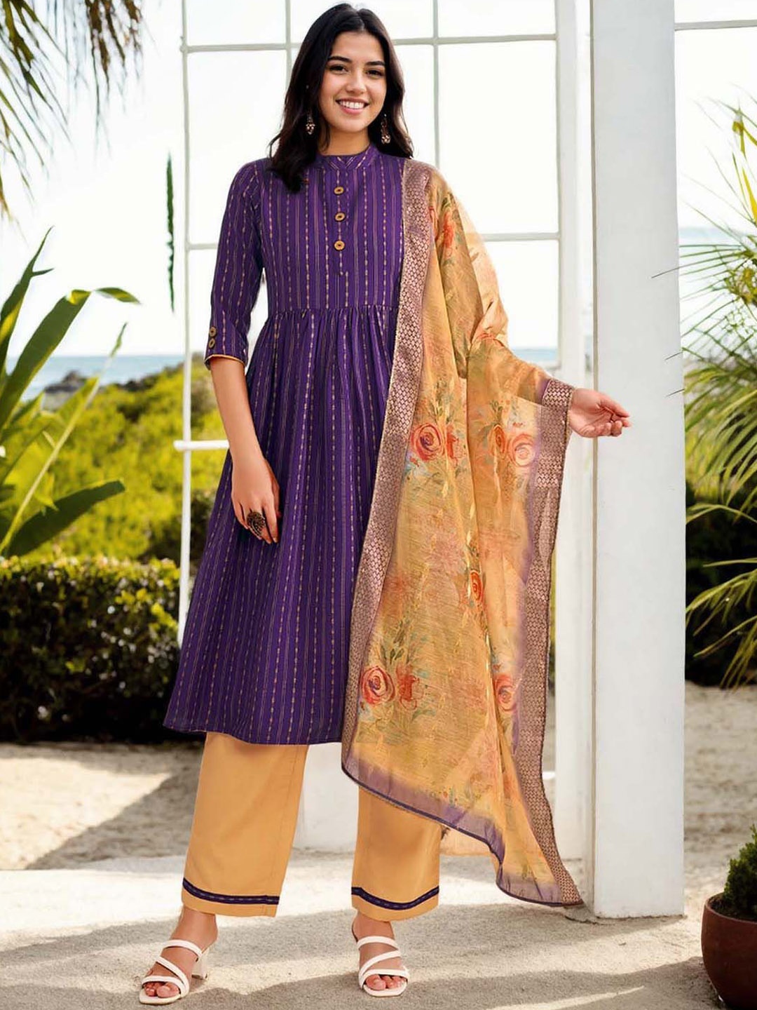 

Anouk Geometric Printed Mandarin Collar Anarkali Kurta With Trousers And Dupatta, Purple