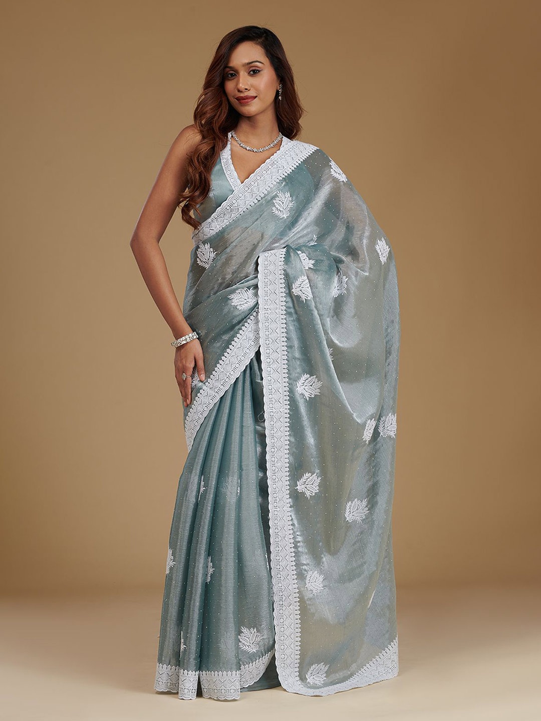 

Koskii Grey Threadwork Satin Saree