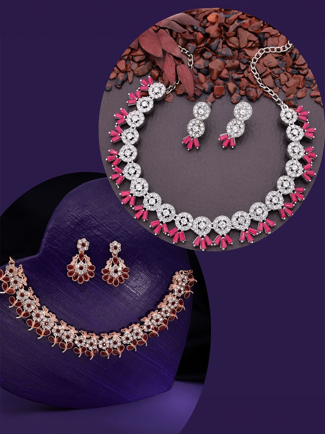 

DIVASTRI Set Of 2 Rose Gold & Silver-Plated American Diamonds Studded Jewellery Set