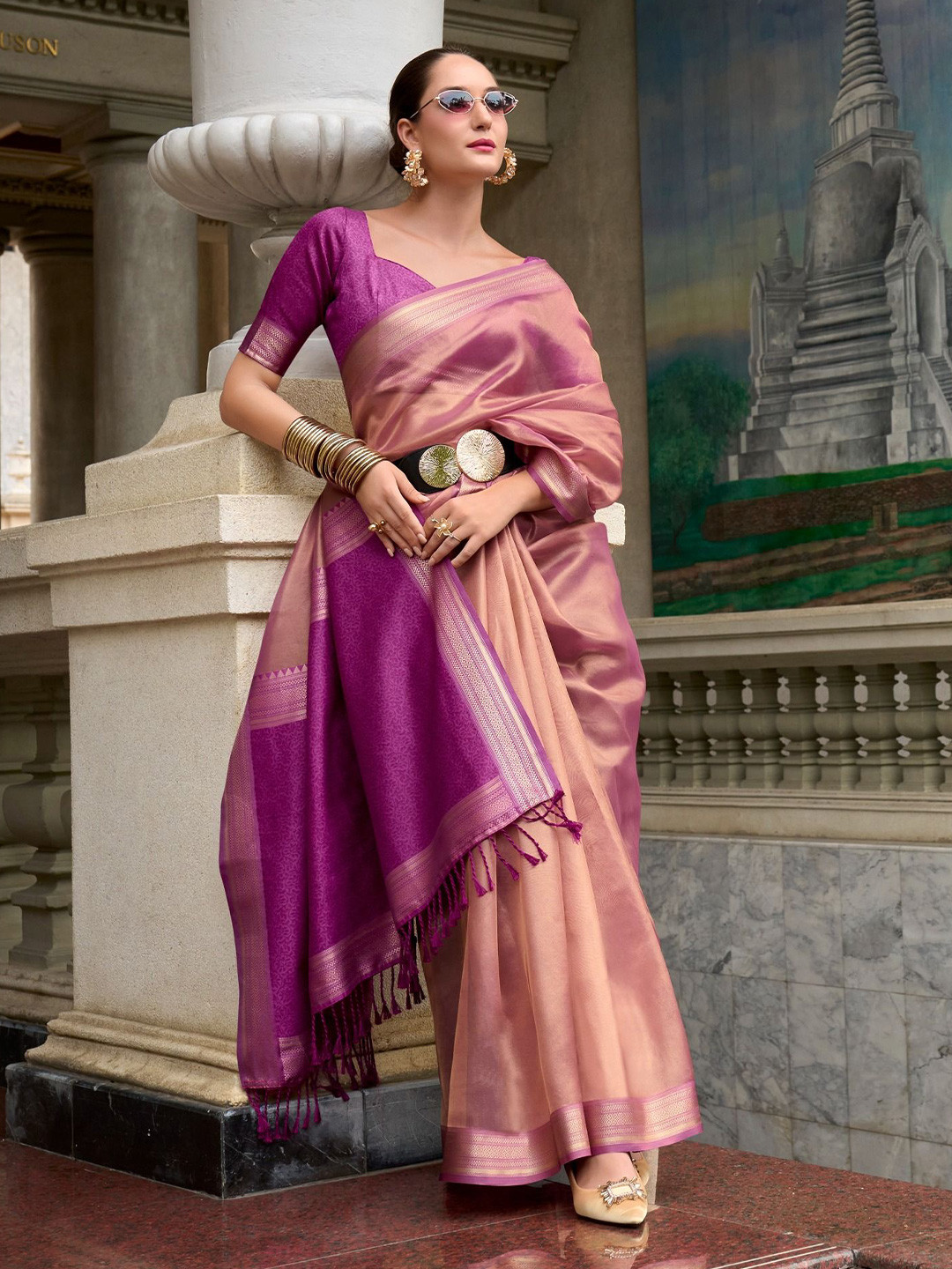 

Mitera Woven Design Zari Saree, Peach