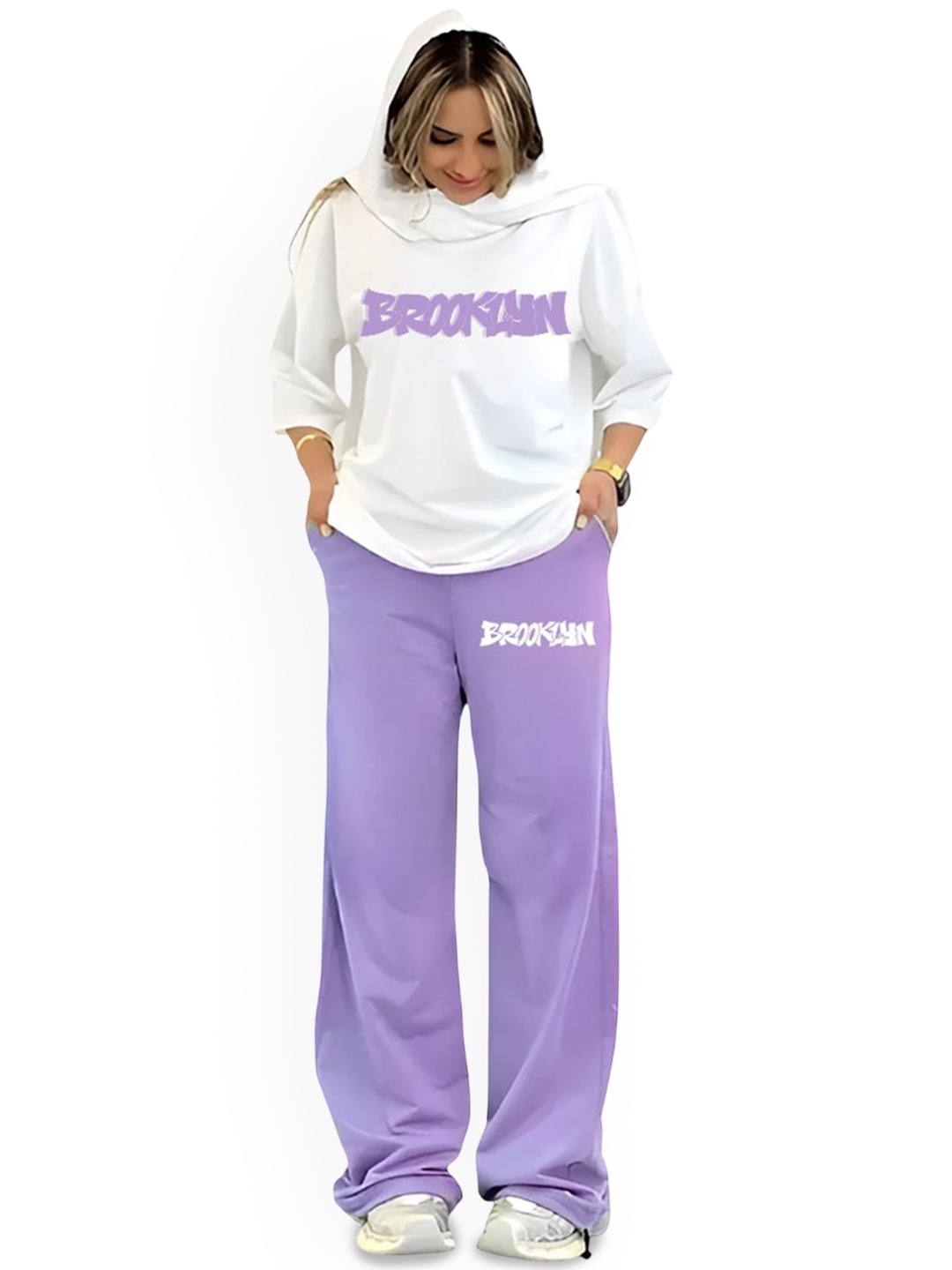 

My Swag Typography Printed Round Neck Pure Cotton T-Shirt With Loose Trousers, Lavender