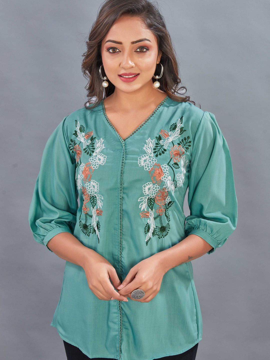 

Kesudi Women V-Neck Floral Embroidered Tunics, Green