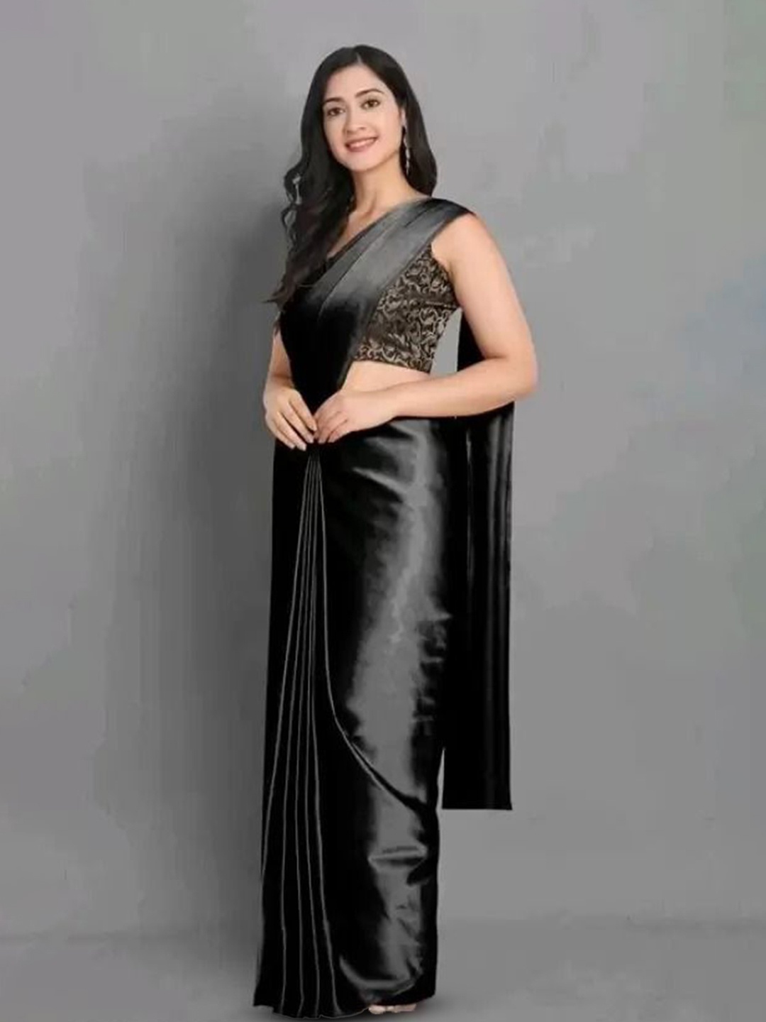 

SAADHVI Satin Solid Saree, Black