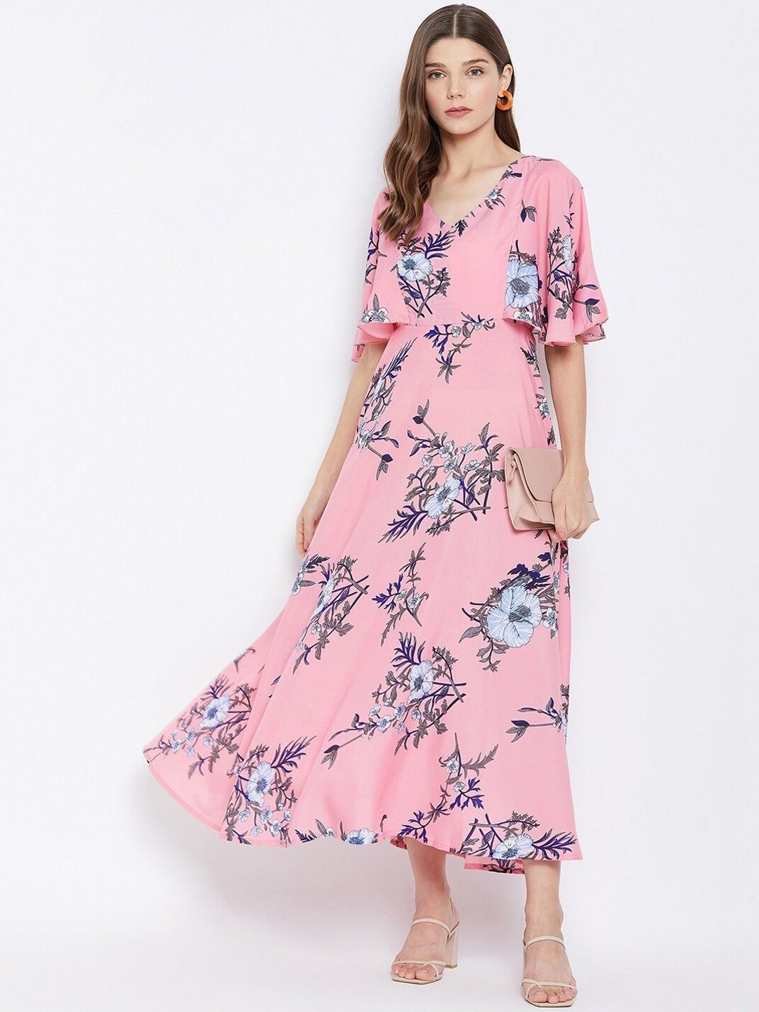 

Moda Rapido Floral Print Flared Sleeve Crepe Maxi Dress, Pink