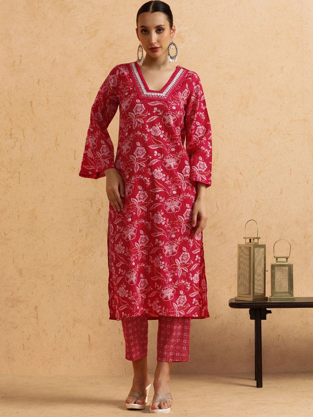 

STYLEBAAZI Floral Printed V-Neck Mirror Work Pure Cotton Kurta With Trousers, Pink