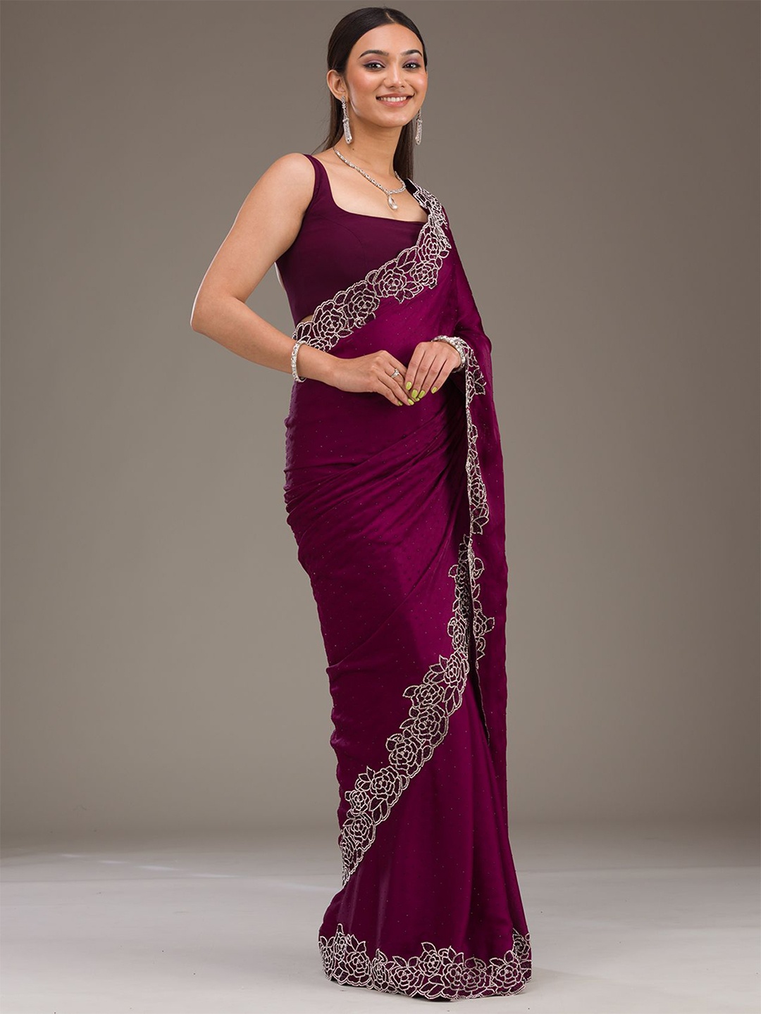 

Koskii Wine Swarovski Satin Saree, Purple