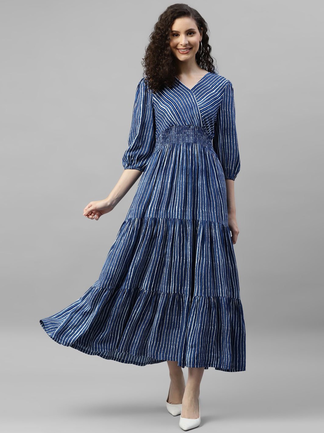 

Femvy Women Striped Printed V-Neck Regular Sleeves Maxi Fit & Flare Dress, Navy blue