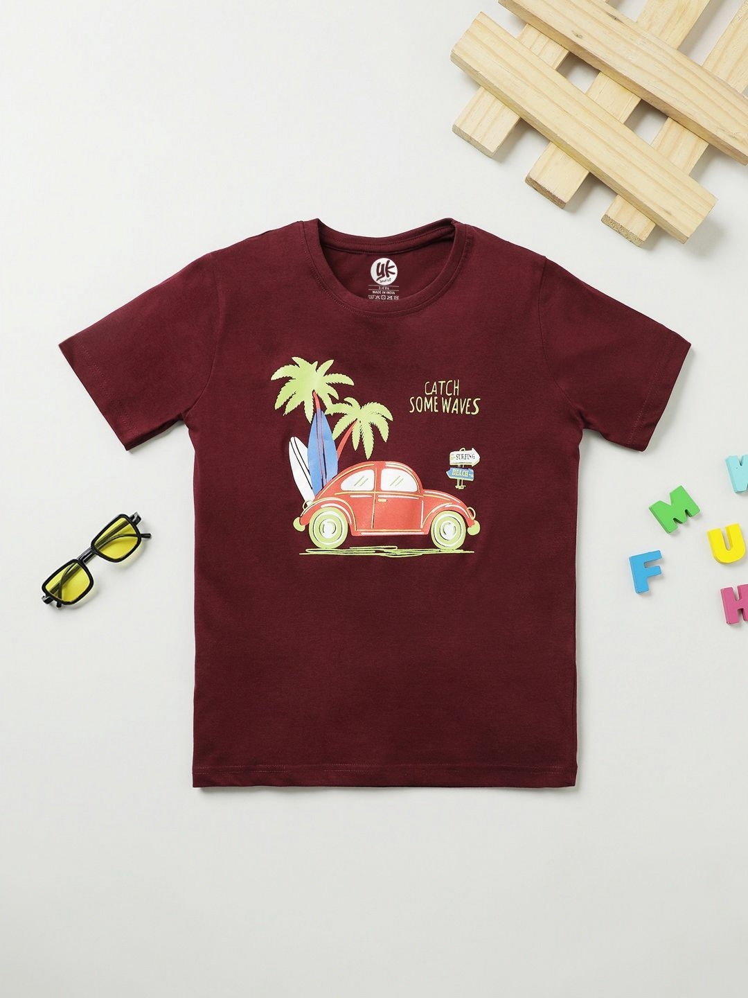 

YK Boys Graphic Printed Round Neck Cotton T-shirt, Maroon