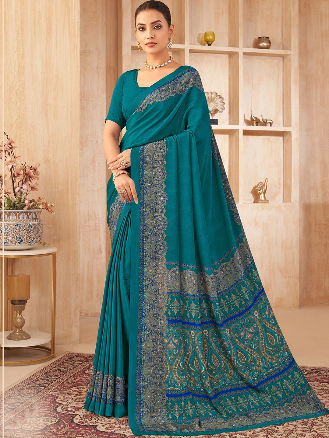 

Mitera Paisley Silk Blend Designer Jamdani Saree, Blue