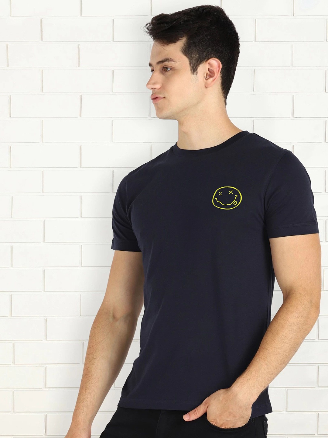 

Moda Rapido Men Graphic Printed Round Neck Cotton Slim Fit T-shirt, Navy blue