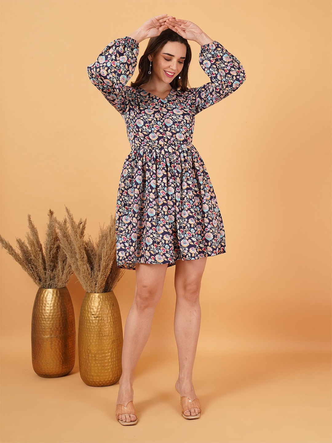 

GUDWEARS Women Floral Printed Fit and Flare Mini Dress, Blue