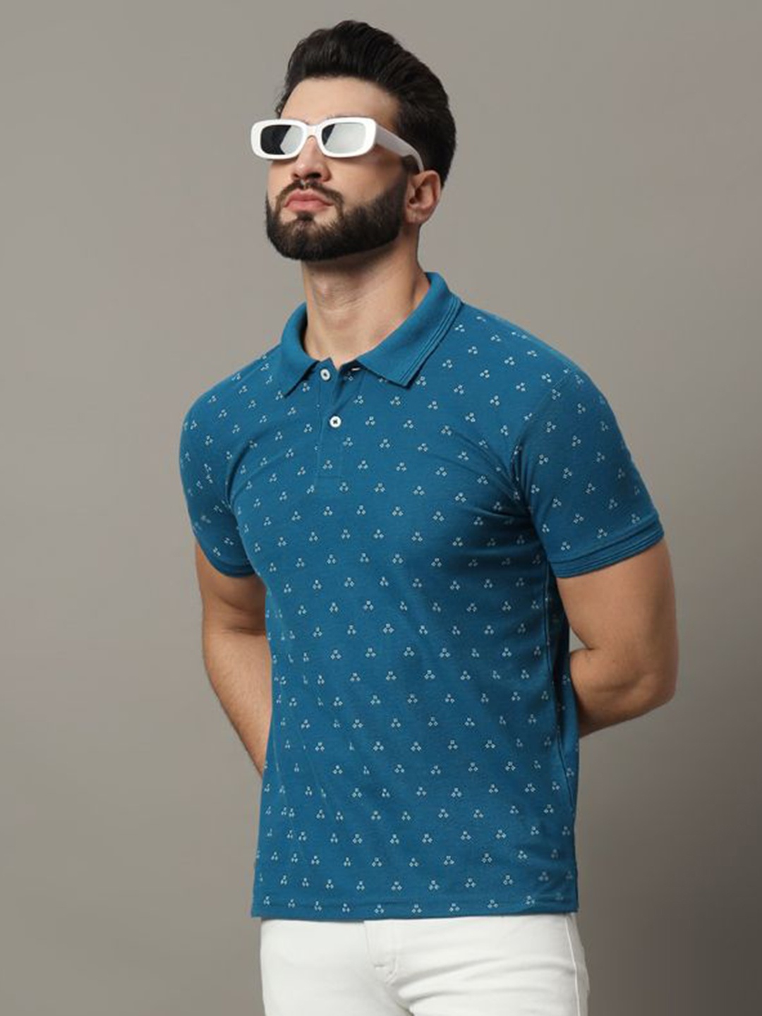 

R.ARHAN PREMIUM Men Geometric Printed Polo Collar Cotton T-shirt, Teal