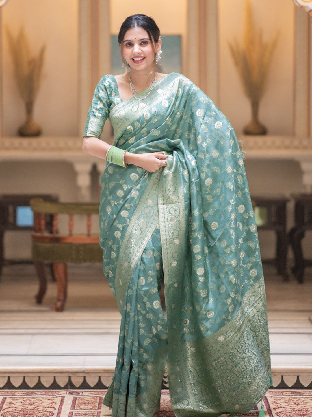 

JULEE Woven Design Zari Pure Silk Banarasi Saree, Turquoise blue