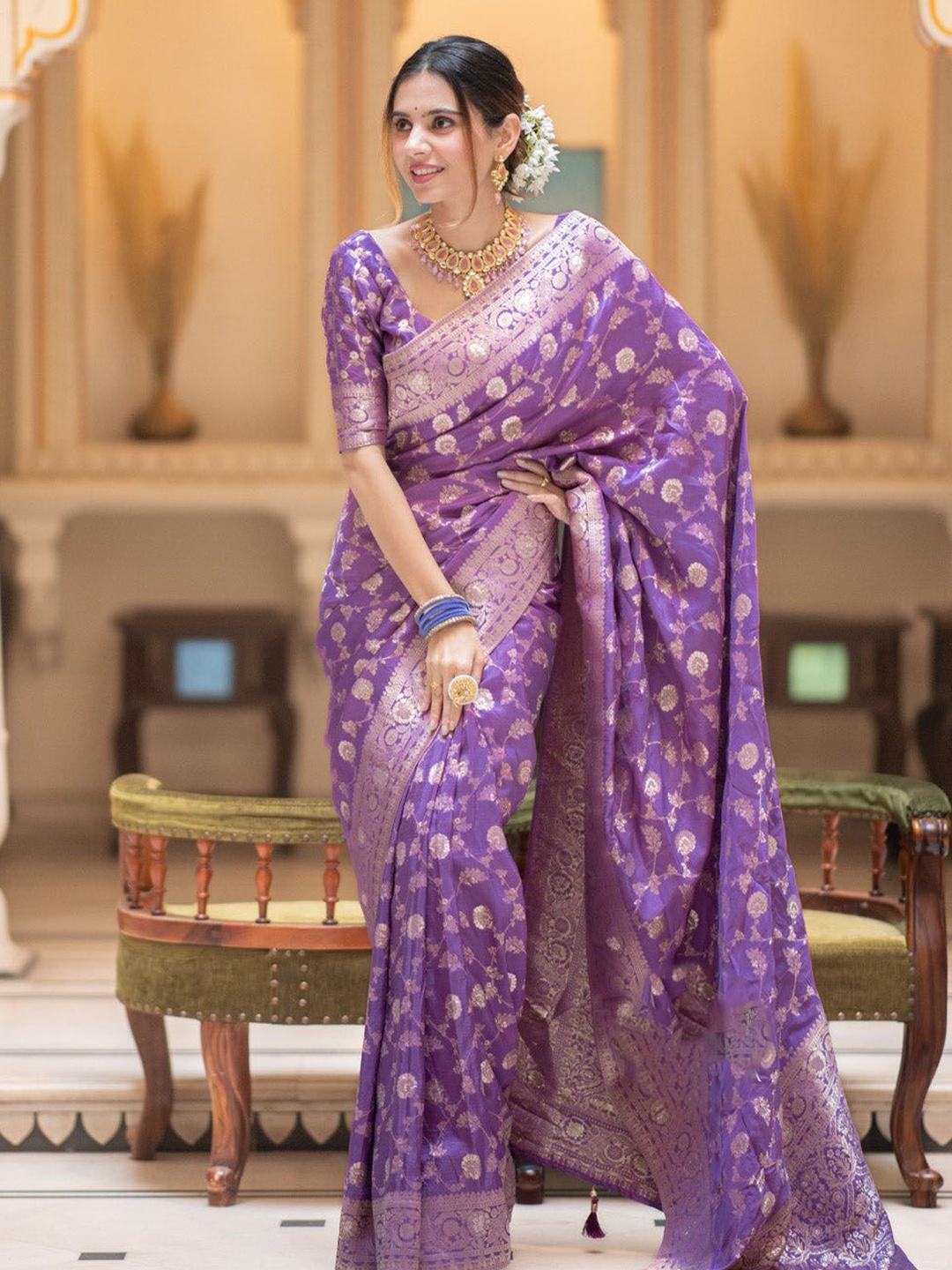 

A TO Z CART Woven Design Zari Pure Silk Banarasi Saree, Lavender