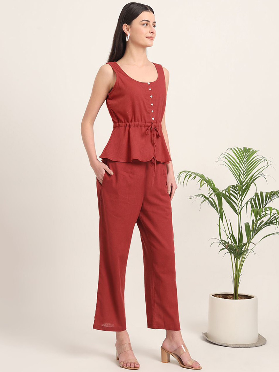 

Thevasa Women Round Neck Waist Tie-Ups Cotton Crop Peplum Top, Red