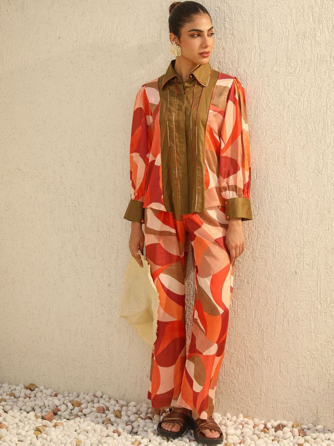 

YA-SA Abstract Printed Shirt Collar Linen Shirt With Trousers, Orange